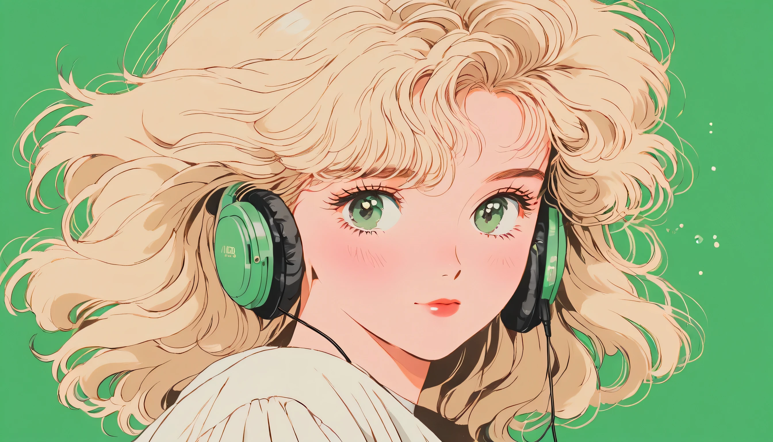 90's anime style, 1990s style, clear, 1980s style, (blush:1.7), the highest quality, 8k, 1 woman, Only, lofi girl, lofi art, lofi feeling, looking at the viewer, very big eyes, wearing 1980s clothes, upper shot, close up, smiling, light brown eyes, skin white as snow, sparkling eyes, blonde hair, wavy hair, anime girl with earphones, solid green background with no other elements