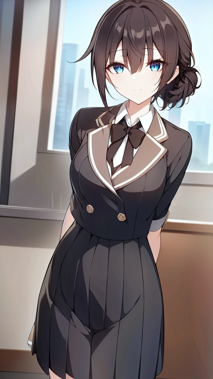 1female, suou_yuki, dark short brown hair in a simple updo, gentle light brown eyes, droopy eyes, a mole below the right eye, mature, BREAK formal attire, BREAK looking at viewer, standing, BREAK UN Headquarters, BREAK (masterpiece:1.2), best quality, high resolution, unity 8k wallpaper, (illustration:0.8), (beautiful detailed eyes:1.6), extremely detailed face, perfect lighting, extremely detailed CG, (perfect hands, perfect anatomy),