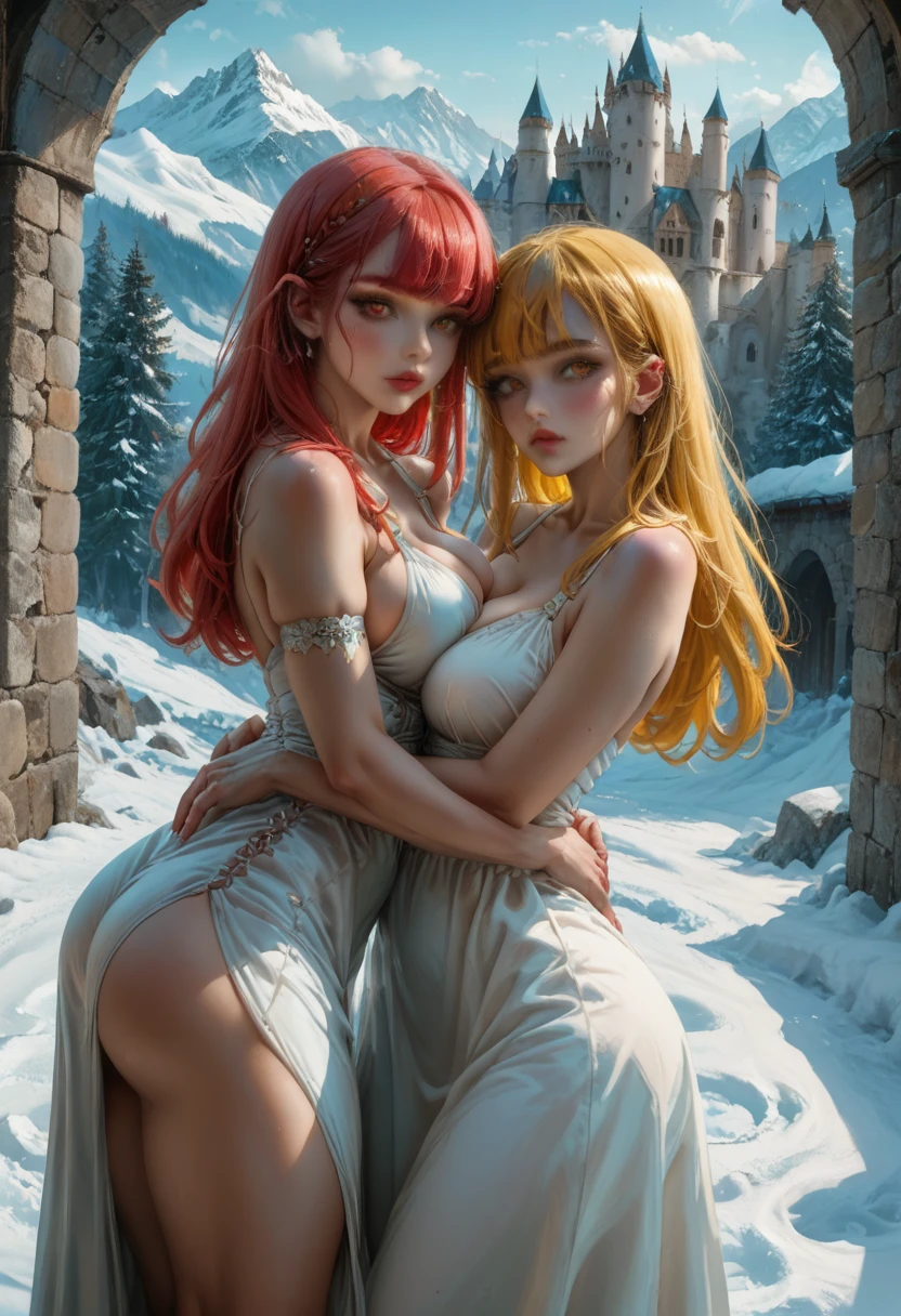  ***********s 3 hugging pink makeup athletic body thin waist big breasts big buttocks long red hair pink makeup athletic body thin waist big breasts big buttocks short yellow hair bangs blue candle eyes thin waist big breasts big buttocks yellow eyes silver dresses in a castle. mountain with snow 