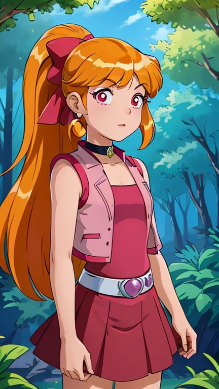 (1girl, solo, (ppgzbs)), (extremely detailed CG unit 8k wallpaper),(master part), (best quality), (ultra detail), (best illustration),(Totally Spies, art style), cowboy shot, (Sharp eyeliner, ombre, detailed eyes:1), forest, outdoors background, ,break,  (digital art), upper body, (red eyes, long hair, ponytail, hair bow, blunt bangs, earrings, black choker, pink vest, red skirt, belt)