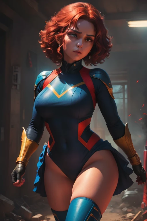 In this captivating image, the central female character exudes confidence and authority, her curly red hair a vibrant contrast to the sleek blue suit with gold accents, complete with gloves and boots that evoke a sense of uniformity. Her hands firmly grasp two pistols, their metallic surfaces and grips gleaming in the light as she surveys the dynamic background with a determined gaze. The explosion of colors behind her, featuring blues and greens, adds to the overall sense of energy and action, evoking the world of comic books or video games where she takes center stage as a powerful superhero, , retina, accurate, masterpiece, super detail, high details, best quality, award winning, highres, HD, 4K, 8k, 16k, retina, accurate, masterpiece, anatomically correct, textured skin, super detail, high quality, award winning, highres, 8k, 16k
