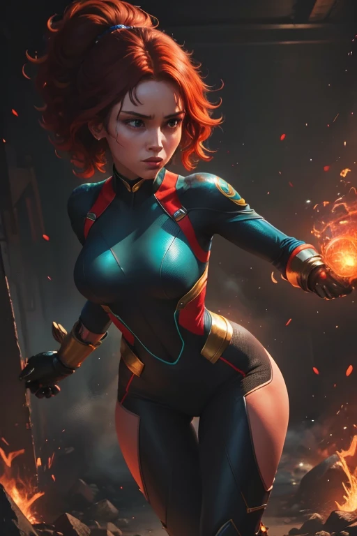 In this captivating image, the central female character exudes confidence and authority, her curly red hair a vibrant contrast to the sleek blue suit with gold accents, complete with gloves and boots that evoke a sense of uniformity. Her hands firmly grasp two pistols, their metallic surfaces and grips gleaming in the light as she surveys the dynamic background with a determined gaze. The explosion of colors behind her, featuring blues and greens, adds to the overall sense of energy and action, evoking the world of comic books or video games where she takes center stage as a powerful superhero, , retina, accurate, masterpiece, super detail, high details, best quality, award winning, highres, HD, 4K, 8k, 16k, retina, accurate, masterpiece, anatomically correct, textured skin, super detail, high quality, award winning, highres, 8k, 16k
