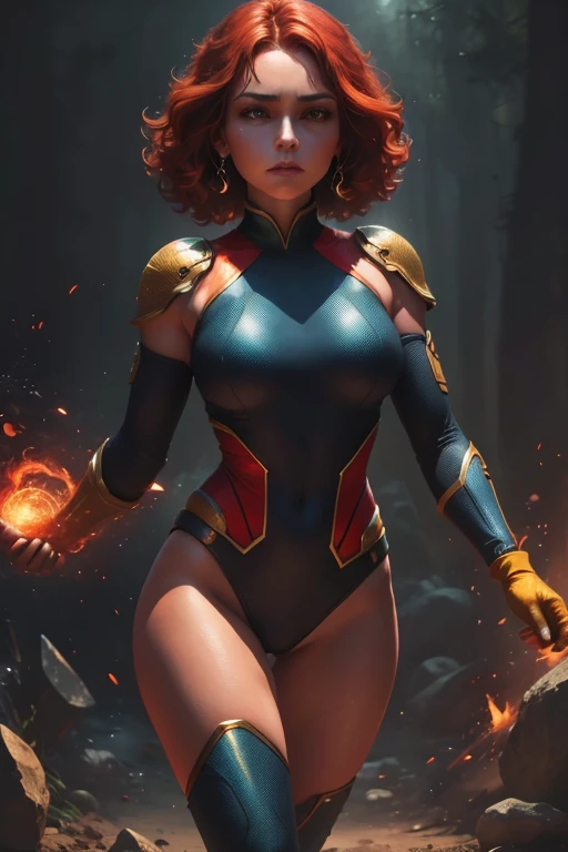 In this captivating image, the central female character exudes confidence and authority, her curly red hair a vibrant contrast to the sleek blue suit with gold accents, complete with gloves and boots that evoke a sense of uniformity. Her hands firmly grasp two pistols, their metallic surfaces and grips gleaming in the light as she surveys the dynamic background with a determined gaze. The explosion of colors behind her, featuring blues and greens, adds to the overall sense of energy and action, evoking the world of comic books or video games where she takes center stage as a powerful superhero, , retina, accurate, masterpiece, super detail, high details, best quality, award winning, highres, HD, 4K, 8k, 16k, retina, accurate, masterpiece, anatomically correct, textured skin, super detail, high quality, award winning, highres, 8k, 16k
