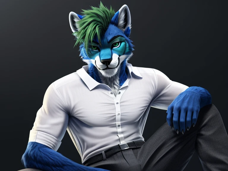 liolf (hybrid wolf:0.7 and lion:0.3), anthro liolf, furry, male, solo, darkblue fur, darkblue body, green hairs, spiky hairs, short hairs, deep green eyes, look at viewer, seductive smile, abs, (white shirt:2); (opened light grey jacket), (dark grey pant), polar background