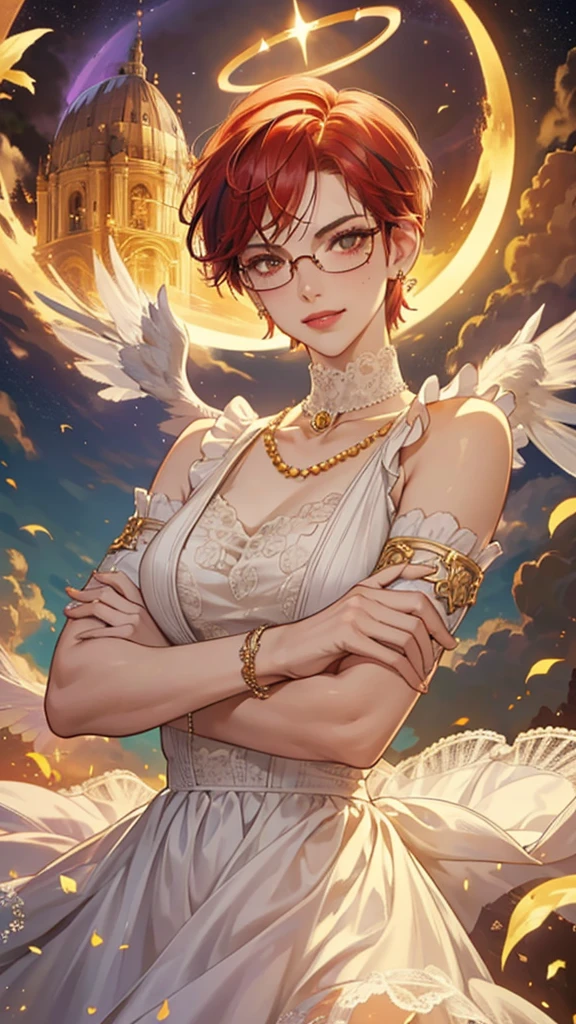 8k, masterpiece, best quality, highly detailed, 1 girl, tiefling, warlock, devil horns, pixie cut, multicolored hair, very short straight hair red highlight hair on white hair, strippled hair, wearing glasses, round glasses, earrings, red eyeshadow, long eyelashes, blushed cheek, red lips, pearl necklace, rings, collarbone, mole on face, glamorous, white and gold clothes, sleeveless, laced dress, smirk, close up view, rings, looking at viewer, solo, starry sky, radiant gold moon, standing, golden halo, white lace gloves, heavenly scene, halo, holy palace in background.