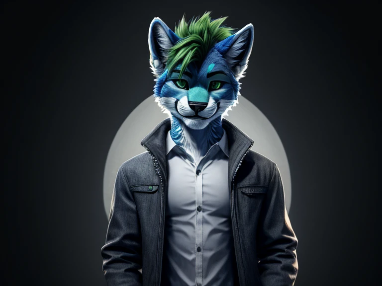 liolf (hybrid wolf:0.7 and lion:0.3), anthro liolf, furry, male, solo, darkblue fur, darkblue body, green hairs, spiky hairs, short hairs, deep green eyes, look at viewer, seductive smile, standing, white shirt, opened light grey jacket, dark grey pant, polar background