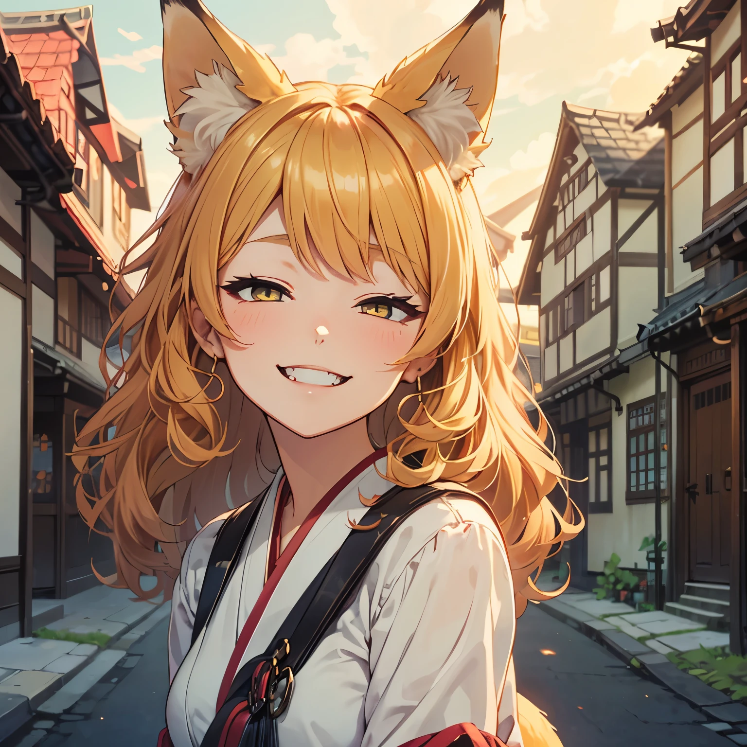 ((1girl)), solo, ginger hair, light hair color, (curly hair), ((kitsune)), fox ears, fox tail, (amber eyes), high quality, beautiful lighting, focus on face, (smiling expression), fangs, sunny, in the street of a village, sunlight