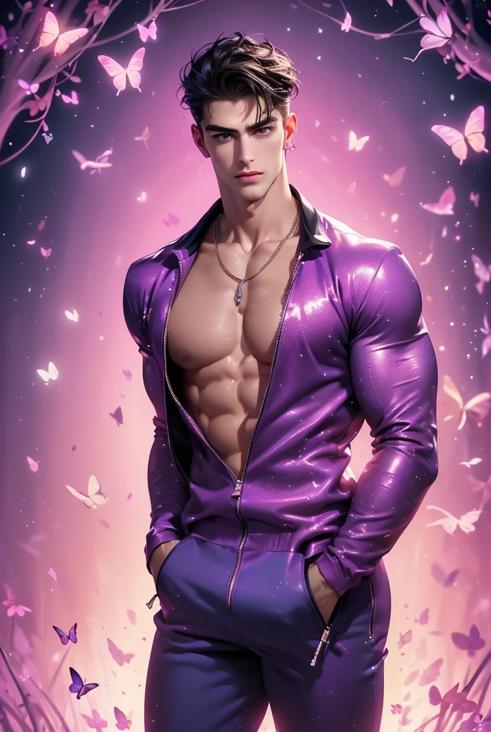  (absurdres, highres, ultra detailed, Ultra HD), ((a tall handsome muscular young man with a strong physique, solo, male model modern clothing, Full length portrait: 1.5, wearing a purple color zip-up jumpsuit that is unzipped revealing his chest and abs, bulge:1.2, necklace, jewellery), extremely detailed eyes and face, smooth skin, a hot glow in his skin, perfect body, large chest, extremely large breasts, big nipples, sexy gaze, looking at the viewer romantically, sexy expression, sexy posture, short hairstyle, beautiful, gorgeous, wet, sensual, alluring, erotic, verious red and pink roses around him, the man is standing comfortably in the roses, butterflies on his body, butterflies flying through the air, floral, depth of field, gradient background, Sparkle & Sequin Backdrops, vibrant colours, breathtaking grandeur, model pose, colorful, artistic, focus on his calm facial features, elegant look, full body view,