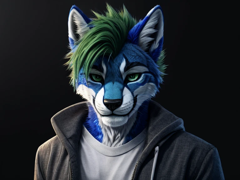 liolf (hybrid wolf:0.7 and lion:0.3), anthro liolf, furry, male, solo, darkblue fur, darkblue body, green hairs, spiky hairs, short hairs, deep green eyes, look at viewer, seductive smile, standing, white shirt, opened light grey jacket, dark grey pant, polar background