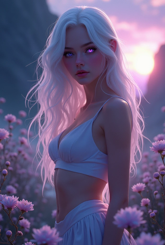 realistic 1girl white hair purple eyes glowing eyes crop top skirt parted lips blush night flower Sun sunlight bigboob