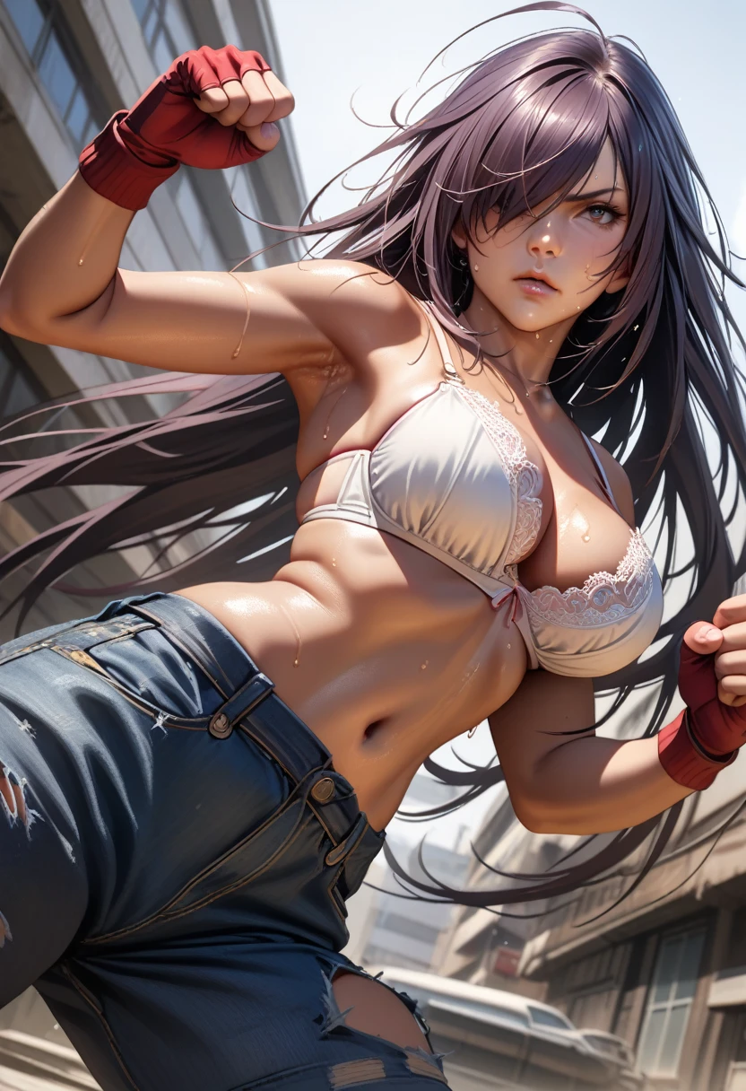 kanu,dark purple hair, hair over one eye, very long hair,red fingerless gloves, midriff,(delicate embellishments Gorgeous bra:1.2),navel,(low-rise damaged short denim pant:1.3),large breasts,perfect hands, perfect finger,perfect anatomy, masterpiece, best quality,realistic, hyperrealistic, 16k hdr,1 mature female,outdoor,high school,(fighting pose,dynamic pose:1.3),dynamic angle,upper body,serious,from below,sweat,strong wind,spread legs