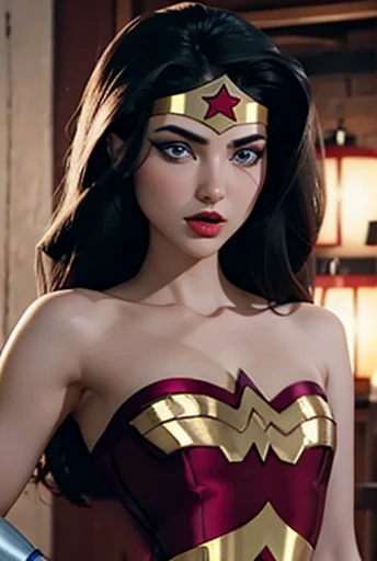 A cute girl, breast bad ass, nsfw, blue eyes, long hair, voluminous lips, red lipstick, look at me , wonder woman