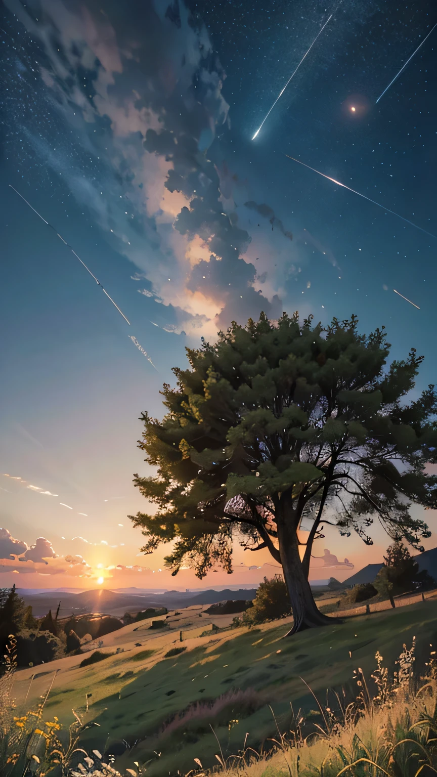 view from below with a view of the sky and the wilderness below, tree, cloud, scenery, outdoors, grass, sunset, star \(sky\), flowers, starry sky, cloudy sky, no humans, twilight, nature, wind, masterpiece, best quality, very aesthetic, absurdres