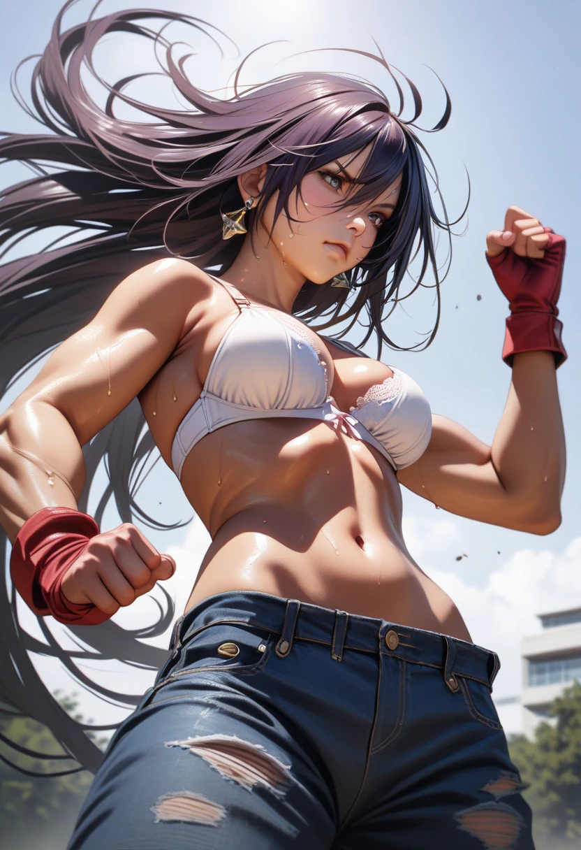 kanu,dark purple hair, hair over one eye, very long hair,red fingerless gloves, midriff,(delicate embellishments Gorgeous bra:1.2),navel,earrings,(low-rise damaged short denim pant:1.3),large breasts,perfect hands, perfect finger,perfect anatomy, masterpiece, best quality,realistic, hyperrealistic, 16k hdr,(1 muscular girl:1.2),outdoor,high school,(fighting pose,dynamic pose:1.3),dynamic angle,upper body,serious,from below,sweat,strong wind,spread legs