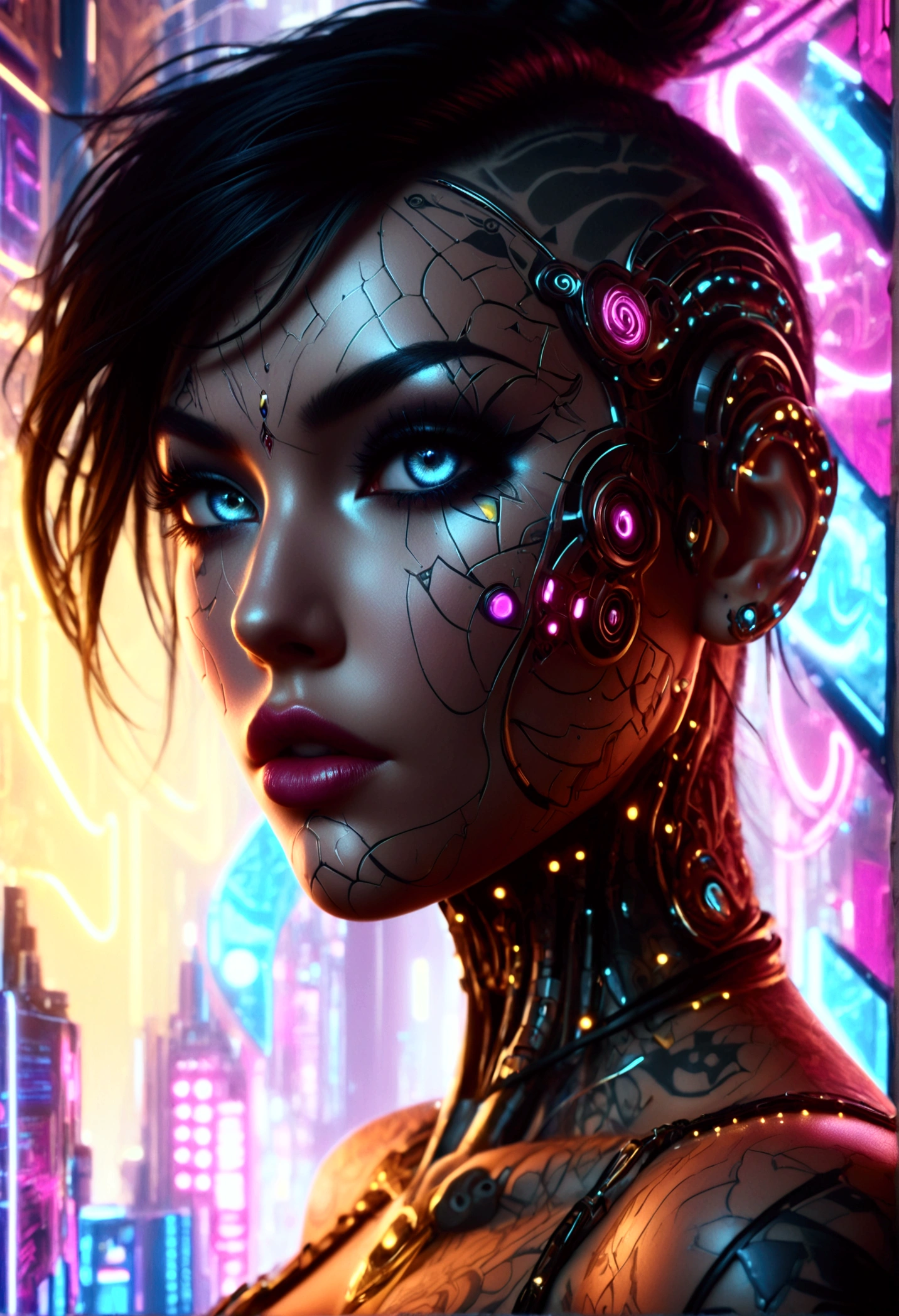 beautiful digital artwork, beautiful digital art, detailed beautiful face, 8k high quality oled detailed art, very beautiful digital art, digital art. highly detailed, beautiful detailed body, Create a hyper detailed photograph of a perfectly simetrical tattooed curved drop dead gorgeous cyberpunk 2077, Stunningly perfect gorgeous feminine face, bold, dramatic eyes, bold Eye Makeup, dramatic eyes, smudging layering and blending to dramatic, detailed vibrant neon glowing eyes, long hair, Focus on Skin A smooth even base is essential Makeup primers foundations and concealers Highlighting and Contouring to achieve a flawless canvas natural-looking, radiant glow, Gentle facial curves, Fuller cheek bones, Smaller and wider-set eyes, Less pronounced jawline, Symmetry perfection Proportion facial features, sexual curved heart shaped mouth, long beautiful tattooed legs, beautiful tattooed arms, perfect feminine curved body figure, detailed silky smooth skin, gigantic huge breasts, perfect heart shaped ass, beautiful long tattooed legs, Wearing cybernetics cyberpunk 2077 lingerie Jewels, fullbody view, showing complete body,