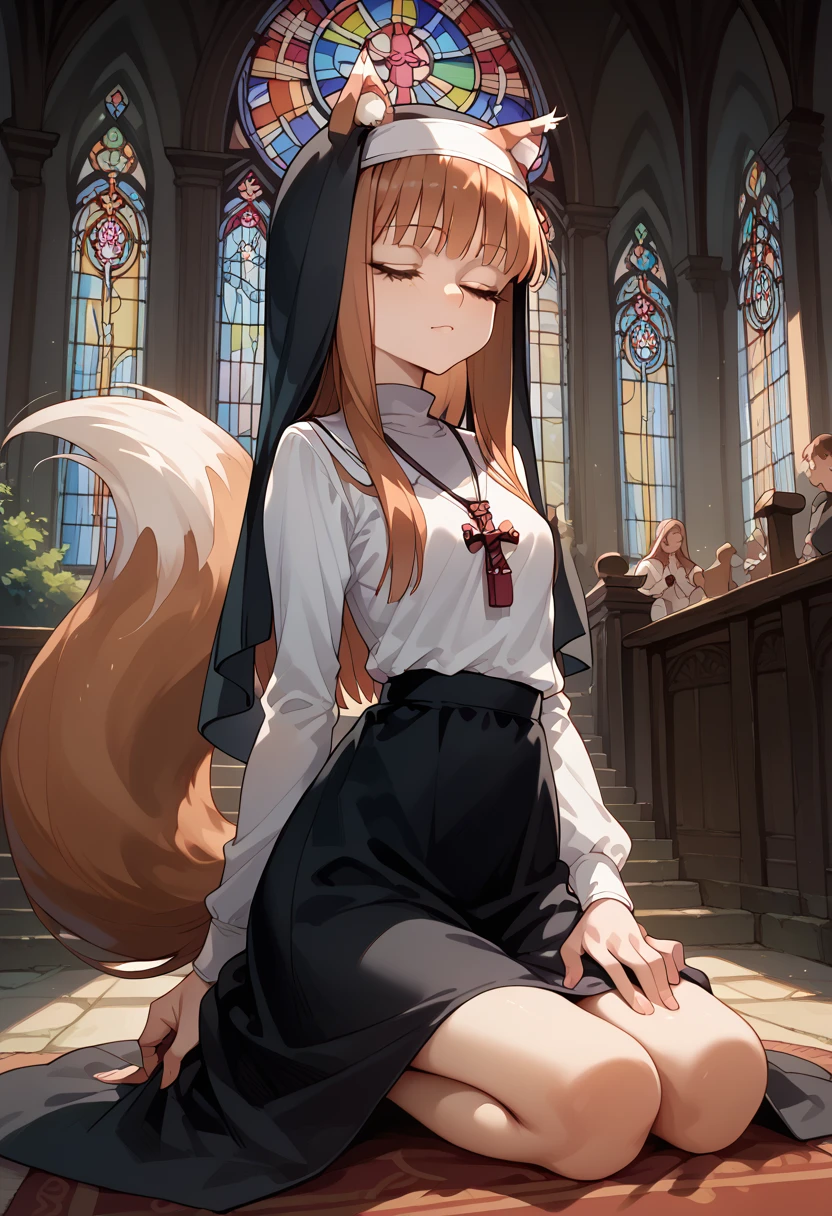 masterpiece,High resolution,Best Quality,8k
(Holo,Spice and Wolf)White shirt,Black Skirt
(Skinny,Small breasts,Animal ears and tail)
church,Stained glass
(nun,Monastic Clothes)Closed eyes,Kneeling