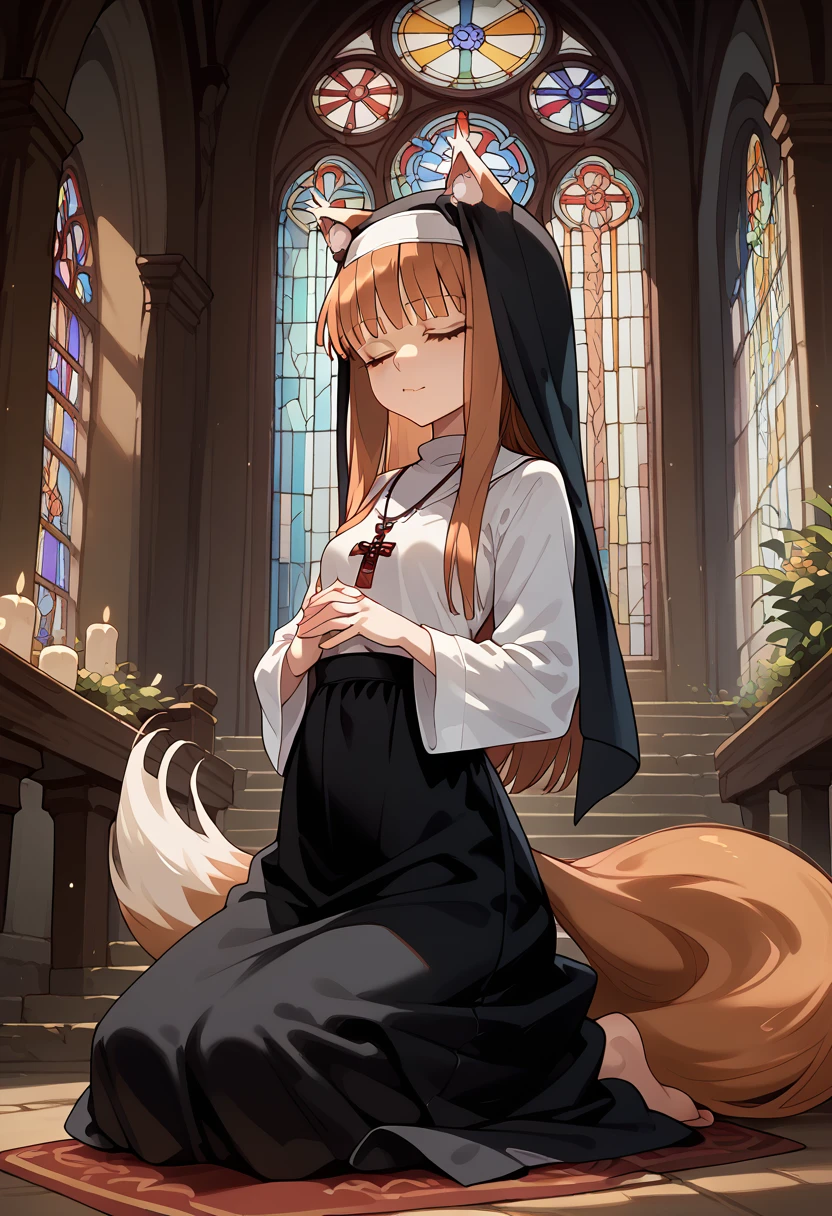 masterpiece,High resolution,Best Quality,8k
(Holo,Spice and Wolf)White shirt,Black Skirt
(Skinny,Small breasts,Animal ears and tail)
church,Stained glass
(nun,Monastic Clothes)Closed eyes,Kneeling