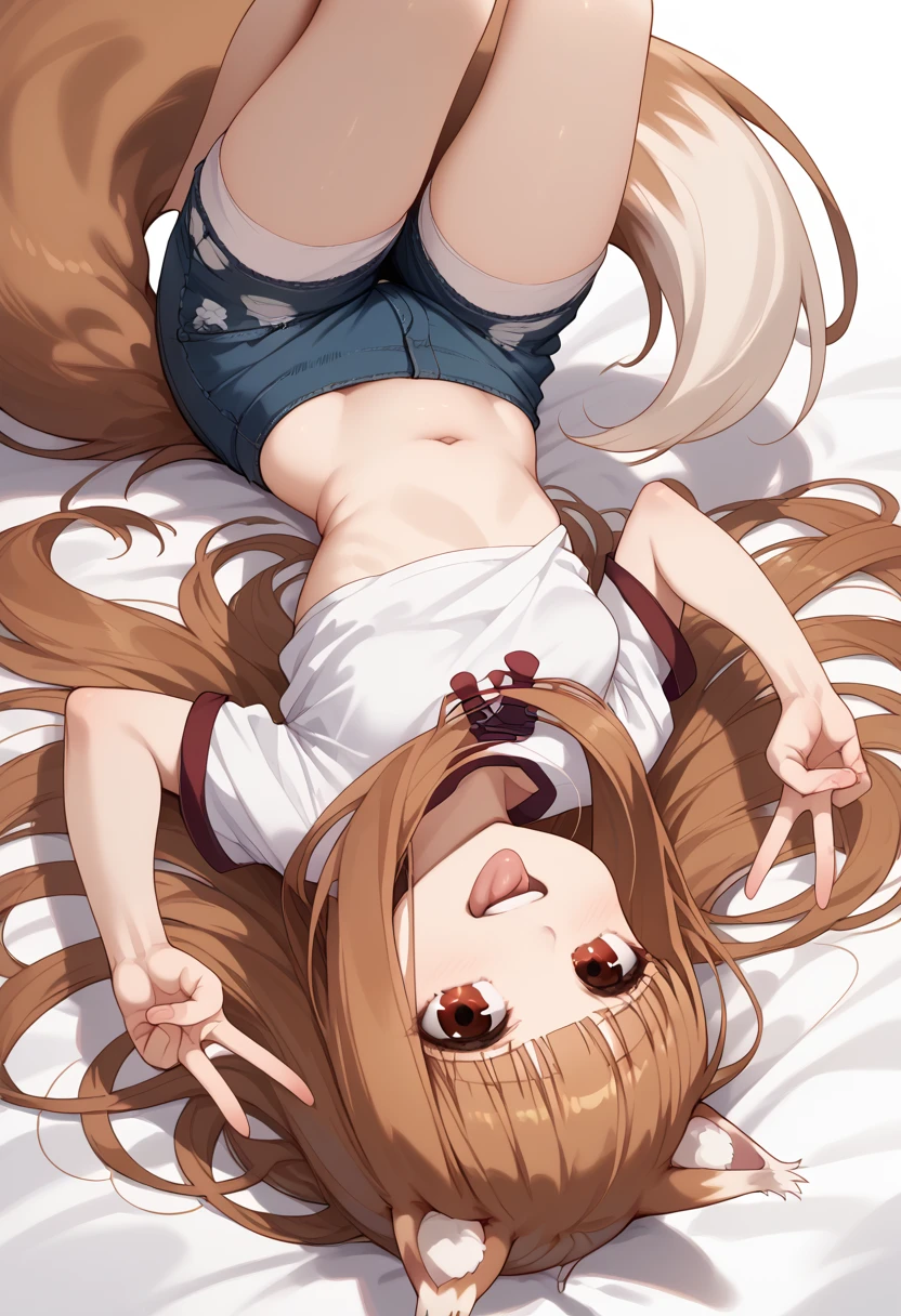 masterpiece,High resolution,Best Quality,8k
(Holo,Spice and Wolf)White shirt,Black Skirt
(Skinny,Small breasts,Animal ears and tail)
(Brown skin,Black Crop Top,Denim shorts,Belly button)Bad Smile,Open your mouth and stick out your tongue,Upside down peace sign