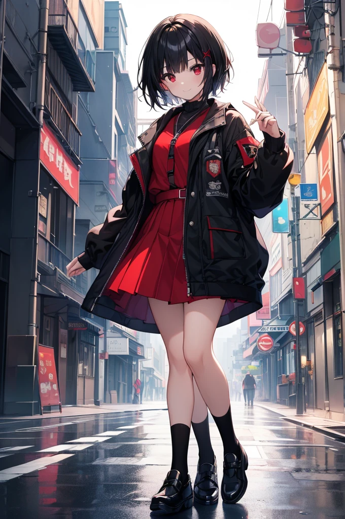 (masterpiece, highest quality, highest quality, (No text), Beautiful and aesthetic:1.2),No text,anime、BREAK,One Girl，Black Hair Girl　 adult　Short Hair　Older sister　Beautiful eyes　Red eyes　cool　smile　Black and Red　skirt　Black jacket　White clothing　Full Body Outdoors