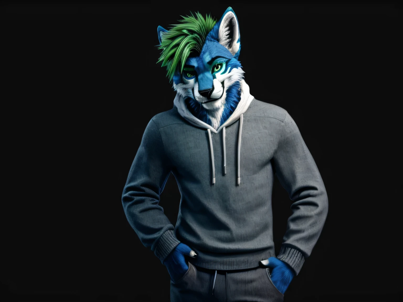 liolf (hybrid wolf:0.7 and lion:0.3), anthro liolf, furry, male, solo, darkblue fur, darkblue body, green hairs, spiky hairs, short hairs, deep green eyes, look at viewer, seductive smile, standing, fullbody, light grey sweater, dark grey pant, polar background