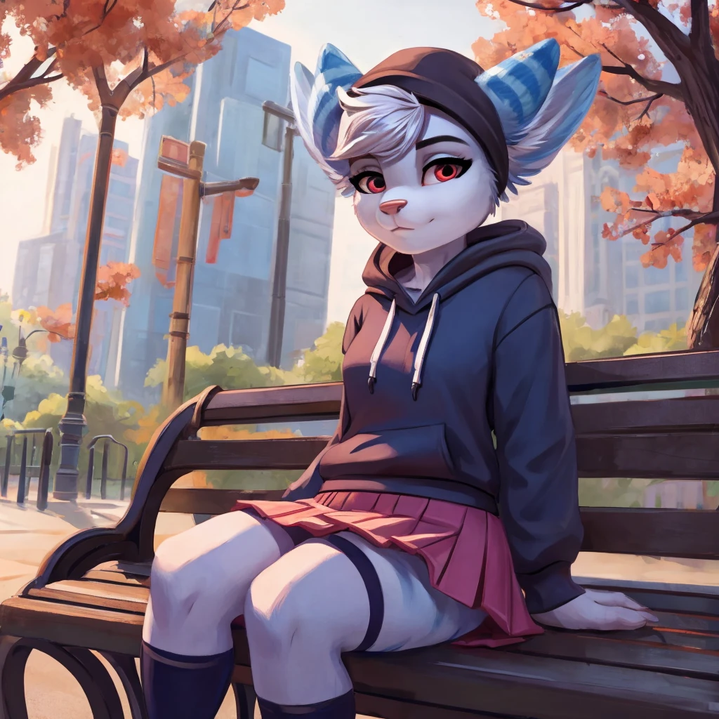 rivet, female, red eyes, (((blue body))), with a sweatshirt, with a skirt, with long stockings, on a park, sitting on a bench