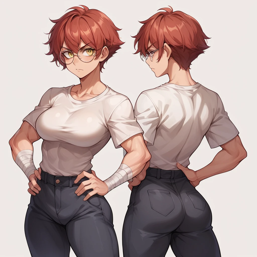 1 adult woman aged 18, with a defined athletic physique, tough and intimidating with a serious expression, short red hair, yellow eyes, wearing round frame glasses, very tasty fleshy mouth, wearing bandages tied to their chests, wearing tight bandages as a top,  without shirt, wearing black pants, with hands on waist, Anime Art