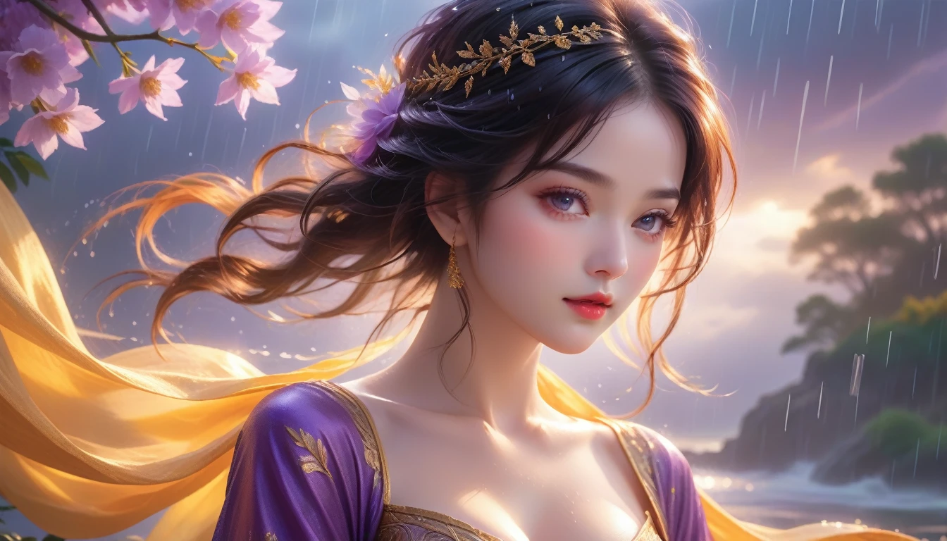 A Masterpiece In 32K Resolution, Supreme Quality, Super Detail, Official Art, Very High-Resolution 32K Wallpaper, Elegant And Aesthetic, Ultra-Detailed Features, Awe-Inspiring Detail. A Scene Of Serenity, With (Gentle Rain), (Soft Mist Rising), And Skin With A Satin-Like Texture (Highlight Her Ample Breasts). A Girl With A Calm Expression, Silky Raven Hair, Flowing Gracefully In The Breeze, And Deep Violet Eyes, Captivating The Viewer. Her Features Are Delicate And Radiant, Illuminated By (Golden Dawn Light). (Exquisitely Detailed Beauty), With Expressions Full Of Depth, Set In A (Mystical Atmosphere). The Reflections On The Wet Surface Enhance The Scene’s Sublime Details, With Body Shape Her Exquisite Highlighted In Every Aspect. This Original Artwork Features Ultra-Precise Craftsmanship, Displaying An Incredibly Detailed And Harmonious Figure.