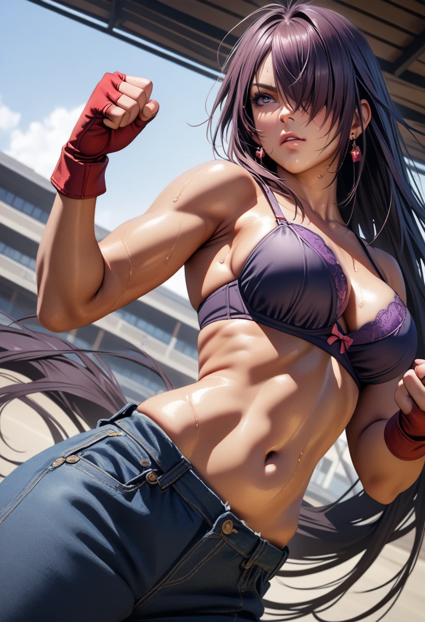 kanu,dark purple hair, hair over one eye, very long hair,red fingerless gloves, midriff,(delicate embellishments Gorgeous bra:1.2),navel,earrings,(low-rise damaged short denim pant),large breasts,perfect hands, perfect finger,perfect anatomy, masterpiece, best quality,realistic, hyperrealistic, 16k hdr,(1 muscular girl:1.2),outdoor,high school,(fighting pose,dynamic pose:1.3),dynamic angle,upper body,serious,from below,sweat,strong wind,spread legs