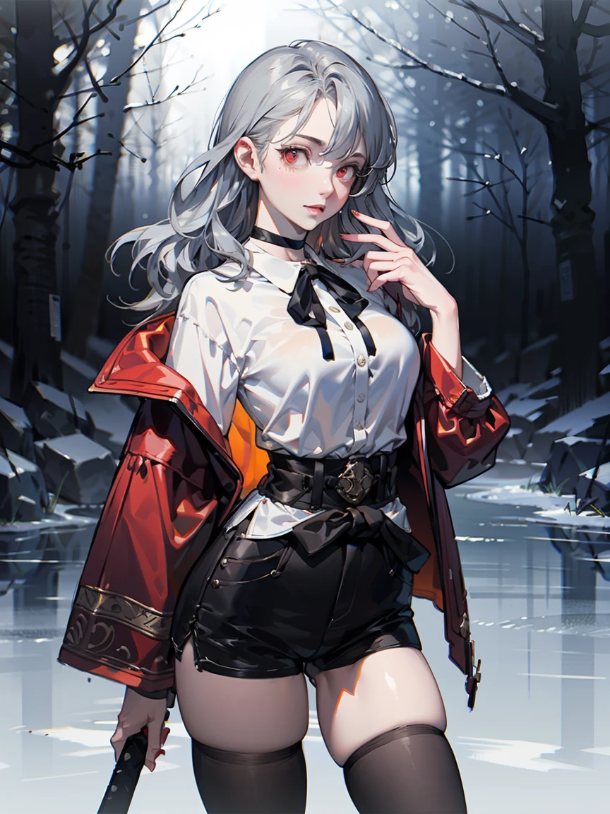 masterpiece,best quality,,(realistic:1.3),lips,eyelashes, nose, ,(atnr:1.5),(chromatic aberration:1.1) ,a digital illustration in an anime style, featuring a young woman with a slender yet curvaceous physique, she has long, wavy, platinum blonde hair that cascades over her shoulders, and her eyes are a striking red, giving her a mysterious and alluring appearance, her skin is fair, and she has large, expressive red eyes that stand out against her pale complexion, she is dressed in a revealing outfit consisting of a white blouse with a large bow at the neckline, black shorts, and thigh-high black stockings, the blouse is cinched at the waist with a black ribbon, adding a touch of elegance, she wears a red cloak with a hood, which drapes elegantly around her, and a black choker around her neck, she holds a large, ornate sword in her right hand, with a silver hilt and intricate engravings on the blade, the background is a mystical forest setting, with tall, slender trees and a glistening, icy landscape, the lighting is soft and diffused, creating a serene yet enchanting atmosphere, the overall mood is one of mystery and intrigue, enhanced by the character's confident and slightly mischievous demeanor