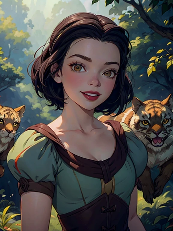 Anya Taylor-Joy as snow white in forest surrounded by animals, beautiful detailed eyes, beautiful detailed lips, smiling, happy mood 