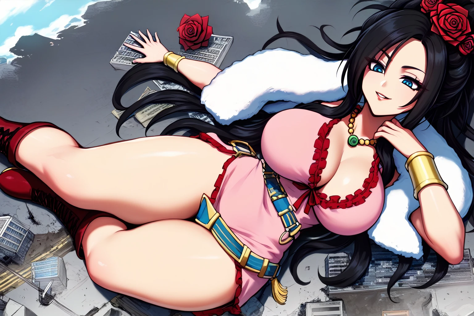 ultra-detailed, detailed face, detailed eyes, anime style, cartoon style, official art, front view, aerial view, from above, dynamic effect, dynamic shot, 

athletic curvy physique, inverted body type, attractive feminine curves, big breasts, curvy legs and arms, feminine curvy figure, (thick thighs, thick calves, thick voluptuous legs, big curvy hip, bare knees, bare thighs), 

black over-the-calf boots, ((long laced boots feather boa)), 
black elegant hair, blue eyes, rose flower ornament, 

1 beautiful giant woman, looking down with alluring smile, smirk, (lying on city, lying on side, put one hand on cheek, put one elbow on the ground, size difference), rampage, corrupted city, destroyed buildings, corrupted buildings, rolling rubble dust up, towering, overwhelming, terrible, destruction, ruins, looming, ((cross-legged, put one hand on cheek)), 

GTS, giantess, jvdaniang, giga size, dqdebora, black hair, hair rose, multiple hair flowers, necklace, pink dress, sleeveless, frills, cleavage, belt, bracelet, gesugao, parted lips, evil smile, half closed eye