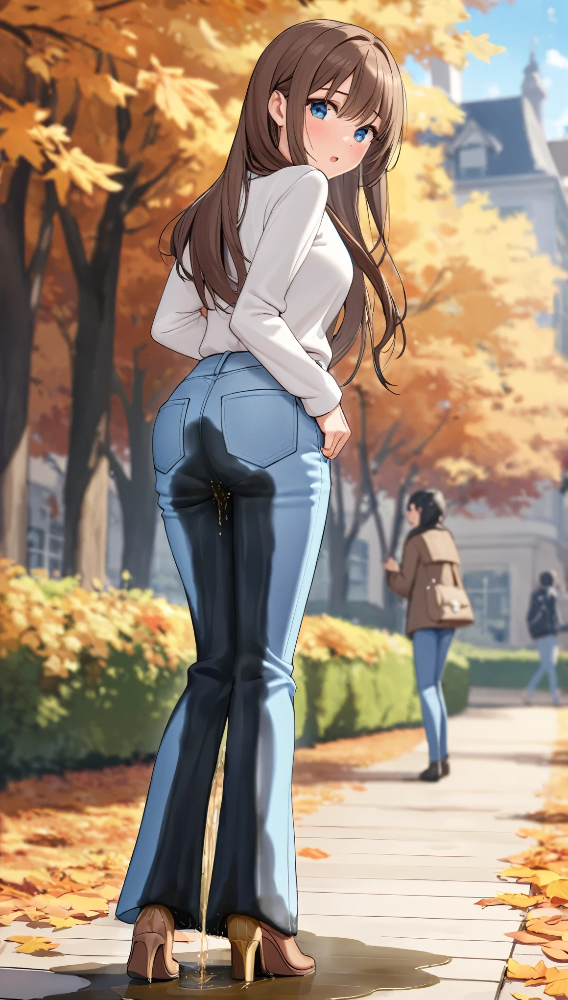 A young woman with beautiful eyes and beautiful long hair standing embarrassed (wetting herself:2.0). She is wearing a trendy outfit with (light blue flared jeans:1.5). Outdoor setting in rainy daytime in the season of autumn. Full body:1.0. from behind:1.2, (best quality, masterpiece:1.3, 8K, detailed), highly detailed face and skin texture, detailed eyes.
