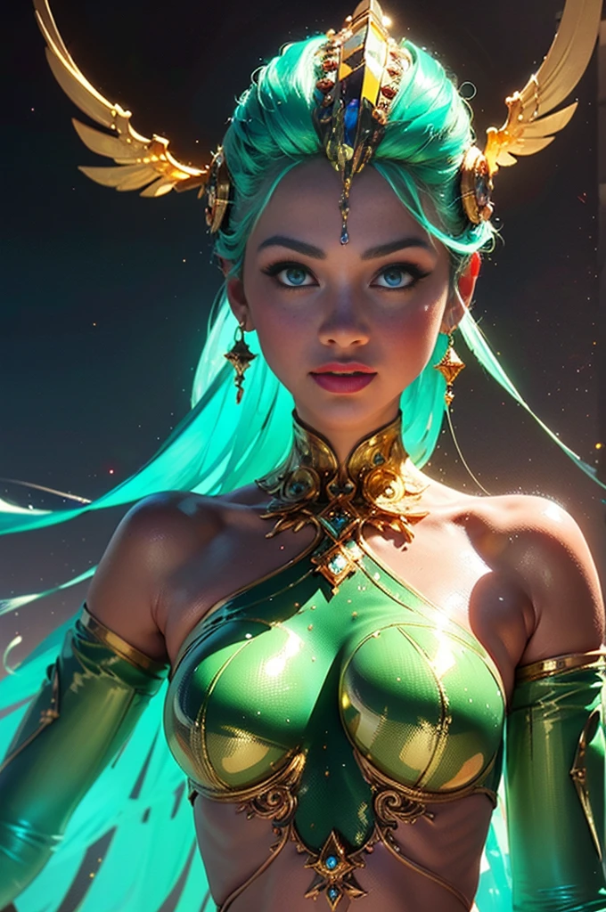 (best quality,4K,8 K,High resolution,masterpiece:1.2),ultra-detailed,(photorealistic,photorealistic:1.37),Female phantom with compound eyes, similar to the eyes of a praying mantis.,Futuristic,advanced technologies,the skin looks natural,emerald green compound eyes,exquisite,detailed facial features,piercing eyes,long eyelashes and sharp angles,Sculptural Facial Structure,innovative fashion style,metallic,shimmer makeup,glowing eyeliner,ornate Futuristic jewelry,elaborate headdress,feathers and metallic elements,ethereal background with floating holographic particles,controlled lighting with soft highlights,blue-green color scheme,Alien atmosphere.