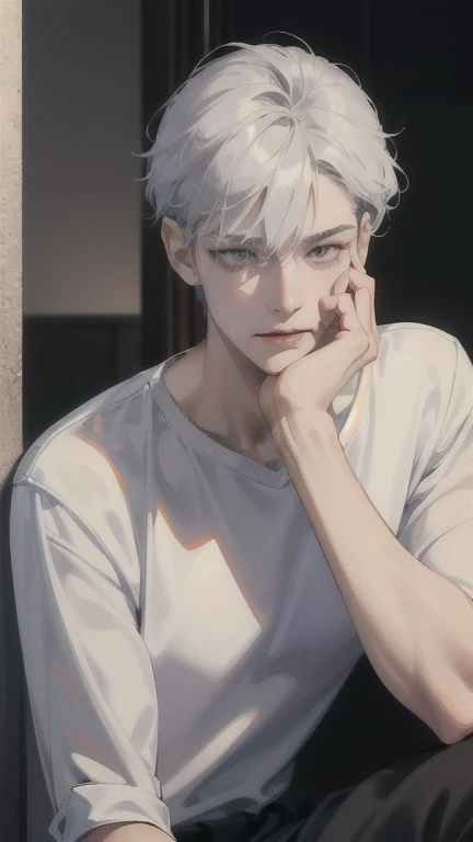 disapproval과 soft lighting으로 사실적인 Portrait style의 선명하고 날카로운 초점. (best quality, masterpiece: 1.2), silver hair, Covered head, gray eyes, A man with pale skin and red lips, Teens, sexy, A man leaning against a locker with a blank expression, Detailed face and sharp focus, Portrait style, photorealism, photorealism: 1.37, disapproval, soft lighting. (masterpiece), best quality, fascinating eyes, perfect face, white t shirt, long black pants, black sneakers, whole body, a very tall man, long legs, Long calves, anime cover, 1boy, ear piercing, Campus Background