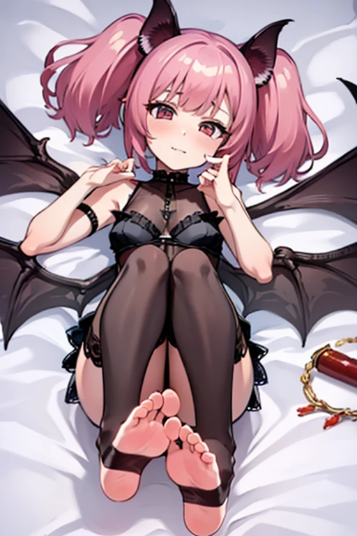 (masterpiece,best quality,ultra-detailed), an anime naughty and sweet succubus. She has candy pink m-shaped bangs short hair with twin ponytails, ruby sweet round eyes, fruit bat ears and wings, wearing a gothic lingerie, stirrup pantyhose, barefoot, feet focus, soles, toes, dark red toenail polish, lying down naughty, on the bed, face in a naughty expression, looking at the viewer