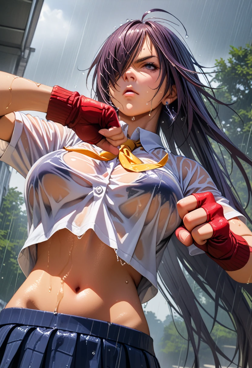 kanu,dark purple hair, hair over one eye, very long hair,school uniform,ultra miniskirt,red fingerless gloves, midriff,navel, loose socks, pleated skirt, yellow neckerchief, earrings, loafers,large breasts,perfect hands, perfect finger,perfect anatomy, masterpiece, best quality,realistic, hyperrealistic, 16k hdr,(1 muscular girl:1.2),outdoor,high school,(fighting pose,dynamic pose:1.2),dynamic angle,strong wind,upper body,serious,from below,wet shirt,rainy day