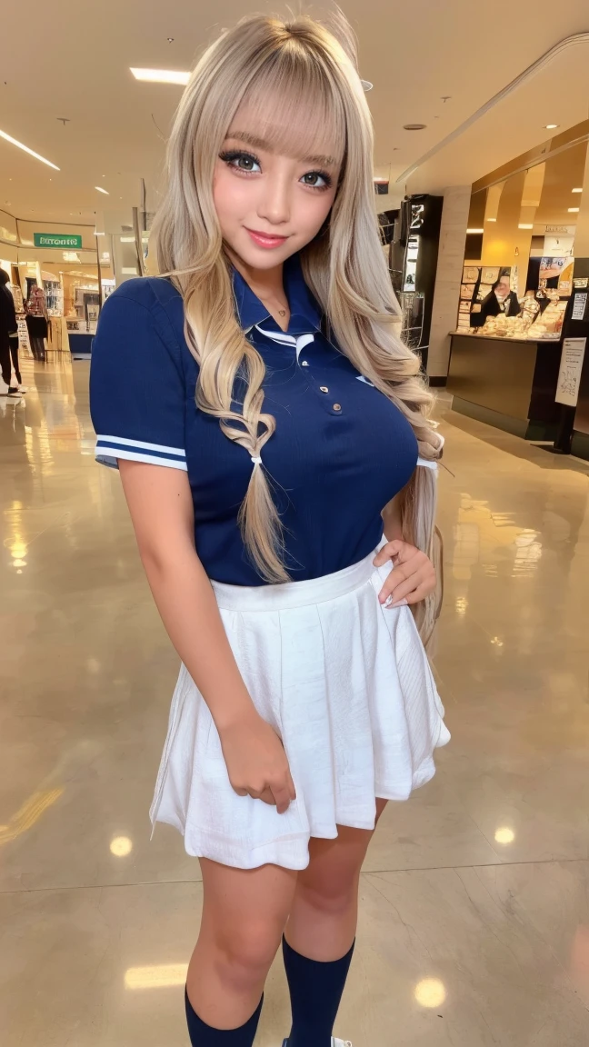 4k, realist, charismatic, Very detailed, there is a girl in heaven, Dress up in a super girl costume, she is a super girl, superhero theme, extra long blonde hair with bangs, 18 years, Whole body, (detail in the eyes), (detail on the face), incredibly pretty, blue eyes, blush, make up, Red lipstick, mini skirt, (Wide hips),  (thick thighs), small breasts, dress,, seductive pose, (Extreme Hourglass Figure), delgado, slender, White skirt, Boots, fitted t-shirt
