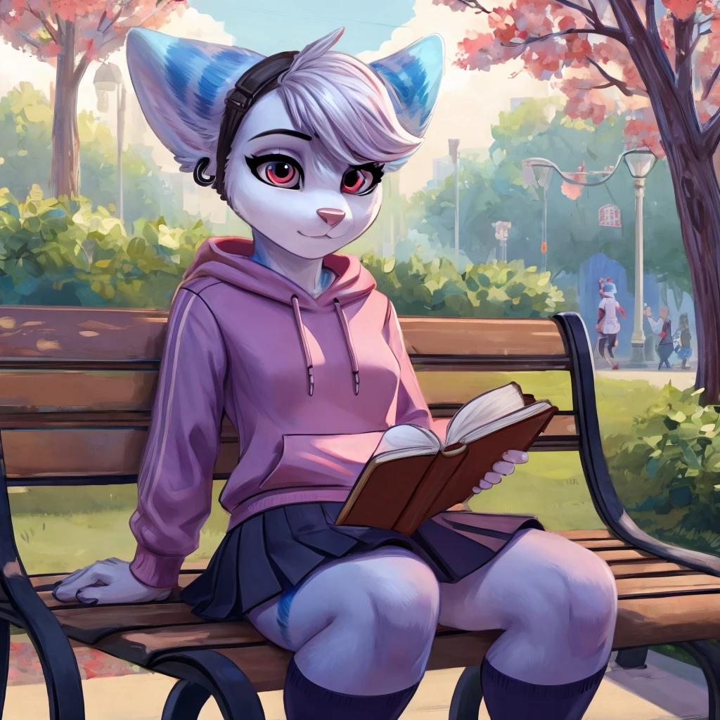 rivet, female, red eyes, (((blue body))), with a sweatshirt, with a skirt, with long stockings, on a park, sitting on a bench,  while reading a book