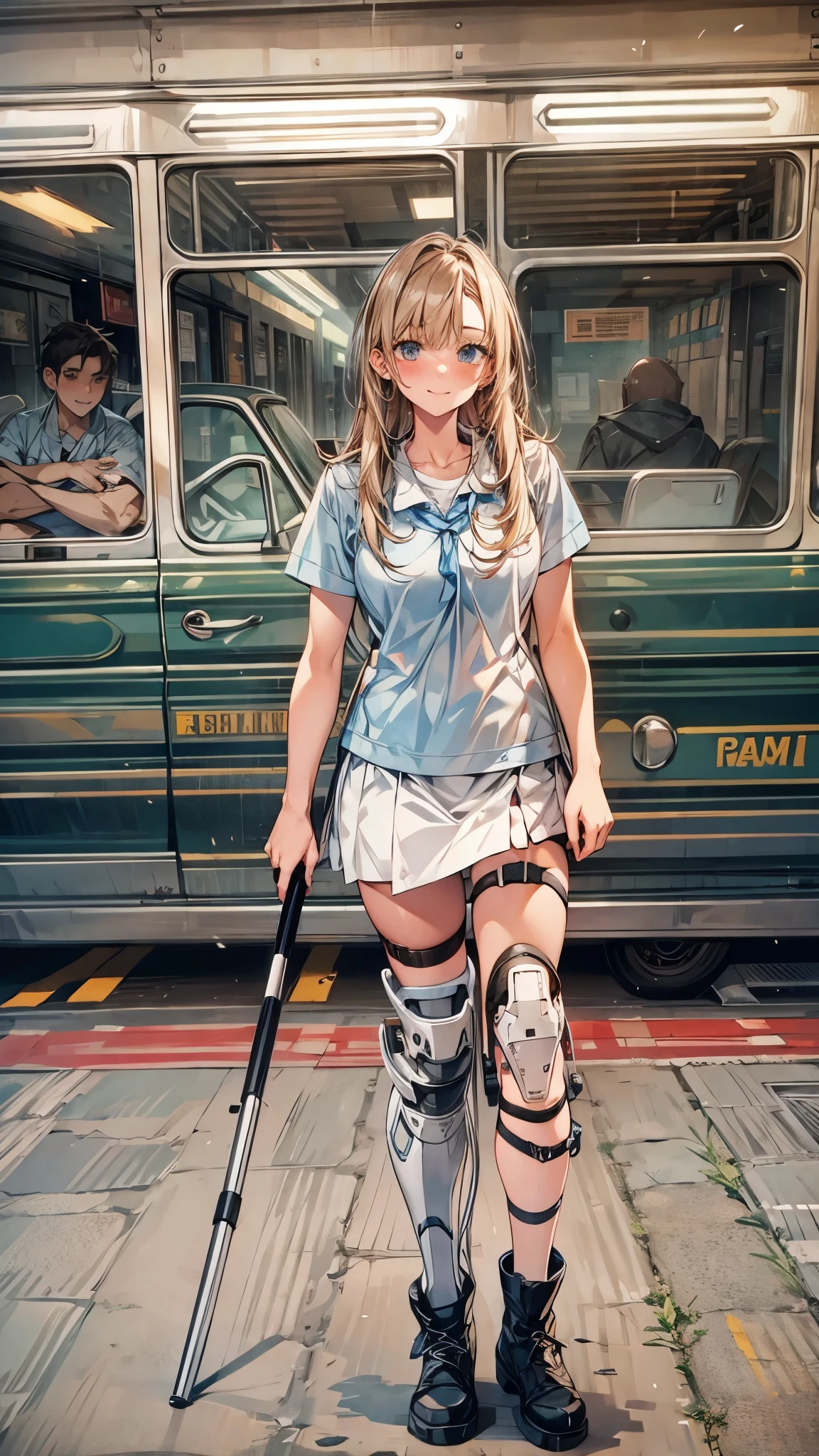 one disabled beautiful girl,1 girl,high school uniform,Beautiful girl with a broken leg and crutch,crutch, With a cane,medical, Carrying a walking stick, leg brace, Leg and thigh shots, Really great images, Leg shots,smile, Blushing, boots with leg brace,