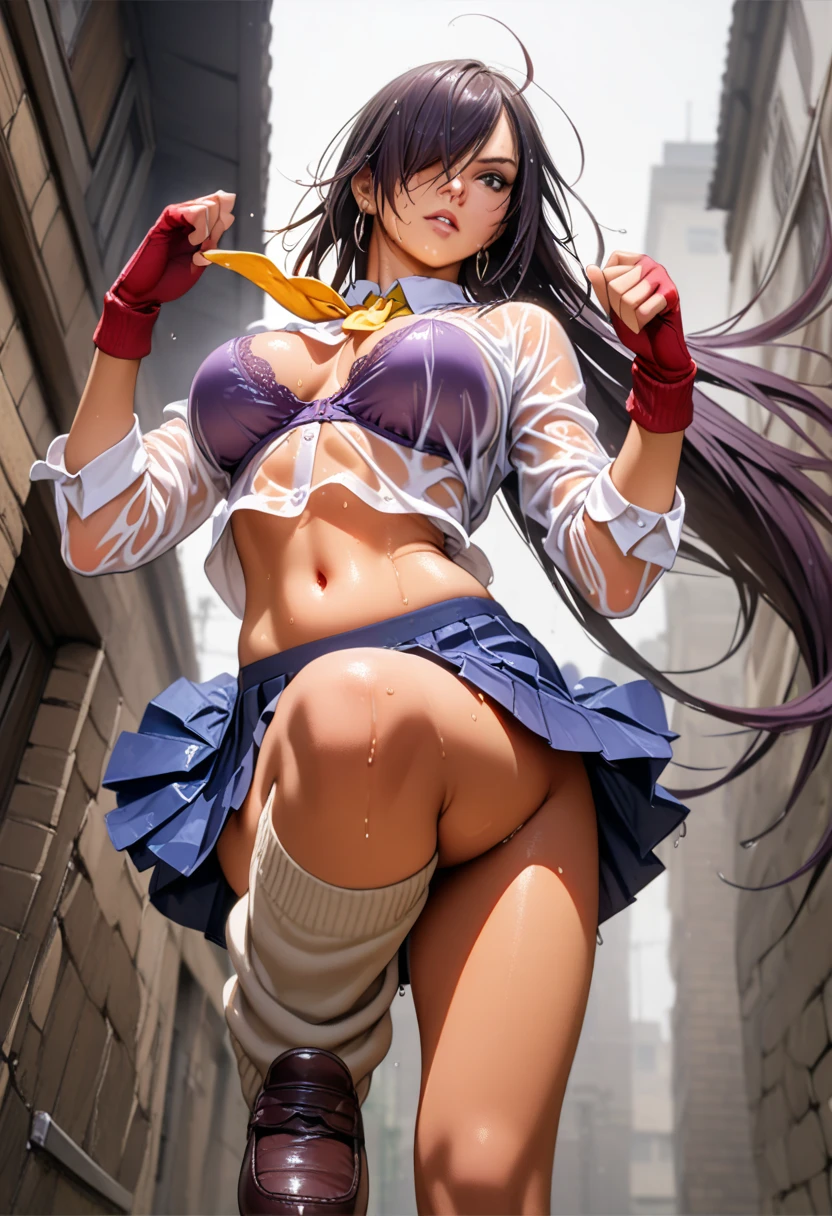 kanu,dark purple hair, hair over one eye, very long hair,school uniform,ultra miniskirt,red fingerless gloves, midriff,navel, loose socks, pleated skirt, yellow neckerchief, earrings, loafers,large breasts,perfect hands, perfect finger,perfect anatomy, masterpiece, best quality,realistic, hyperrealistic, 16k hdr,(1 muscular girl:1.2),outdoor,high school,(fighting pose,dynamic pose:1.2),dynamic angle,strong wind,upper body,serious,from below,wet shirt,delicate embellishments Gorgeous bra,rainy day