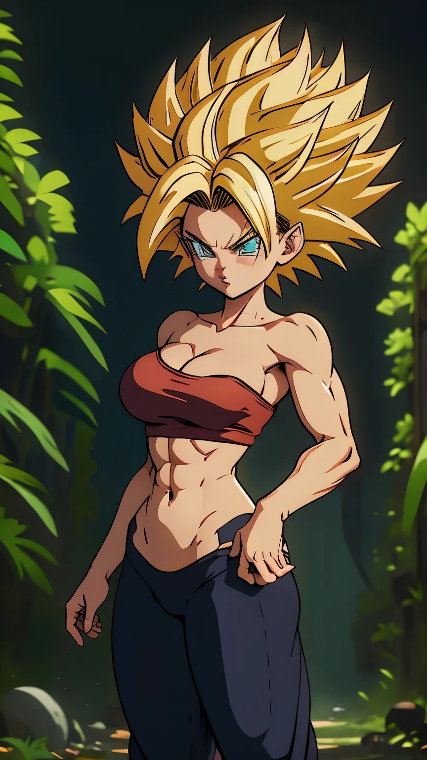 Caulifla, very big  naked, wearinga tight goku suit 