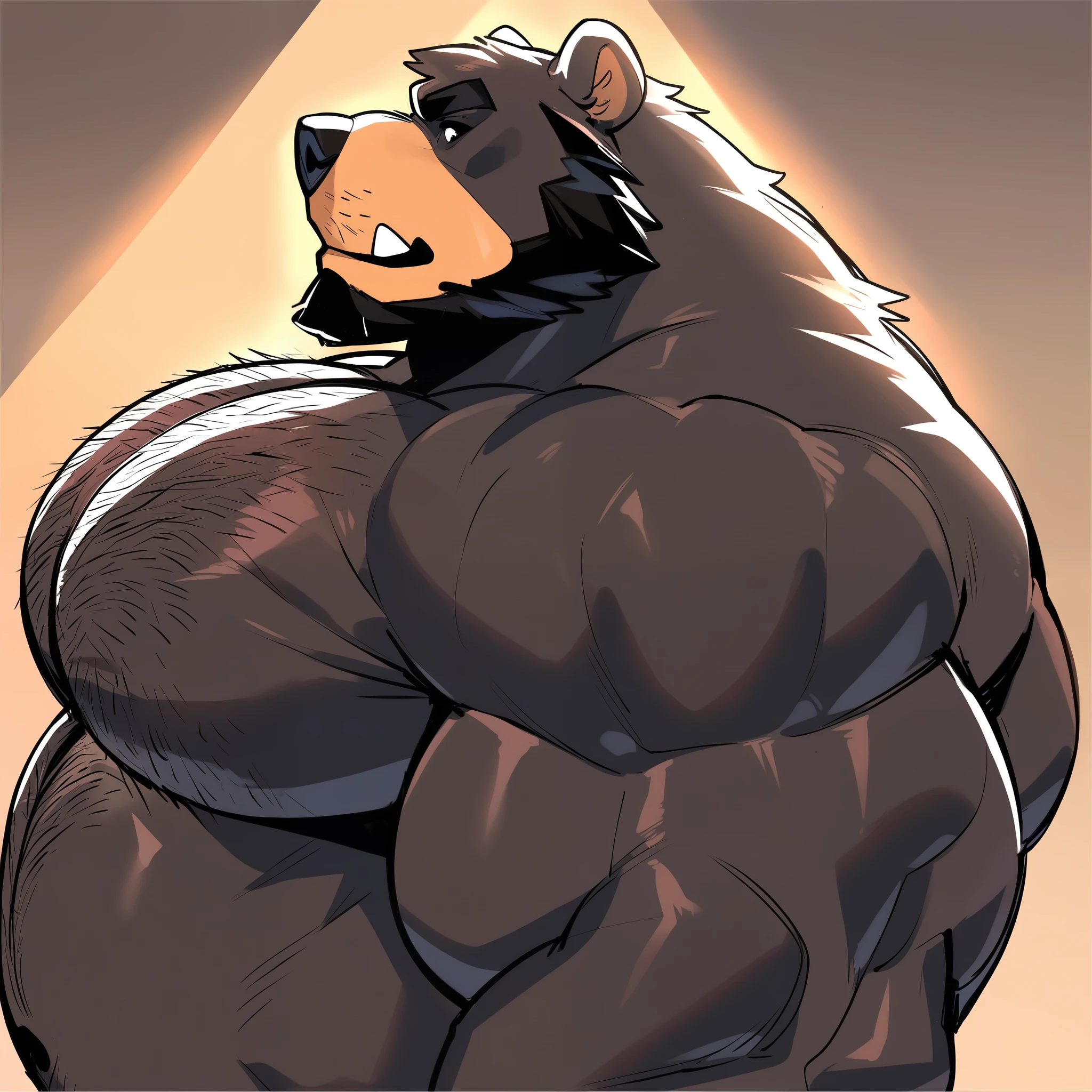 Black bara bear, black fur, very large pecs, strong physique, very muscular, chubby, huge belly, perfect anatomy, masterpiece, black beard, black eyes, strong jaw, giant biceps, shirtless, hairy pectorals, solo, great lighting, side view