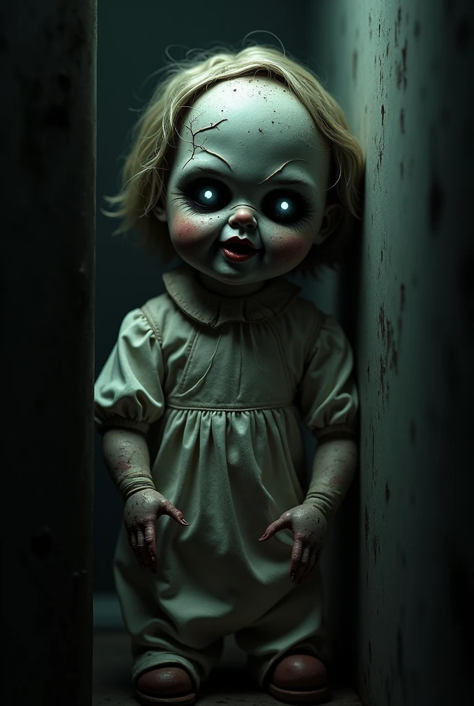 Night room. Creepypasta is a scary entity in the form of a cute, beautiful doll with very large eyes. A creepy look from the shadows. Rembrandt's style. (minimalism: 1), high detail, Greg Rutkowski.