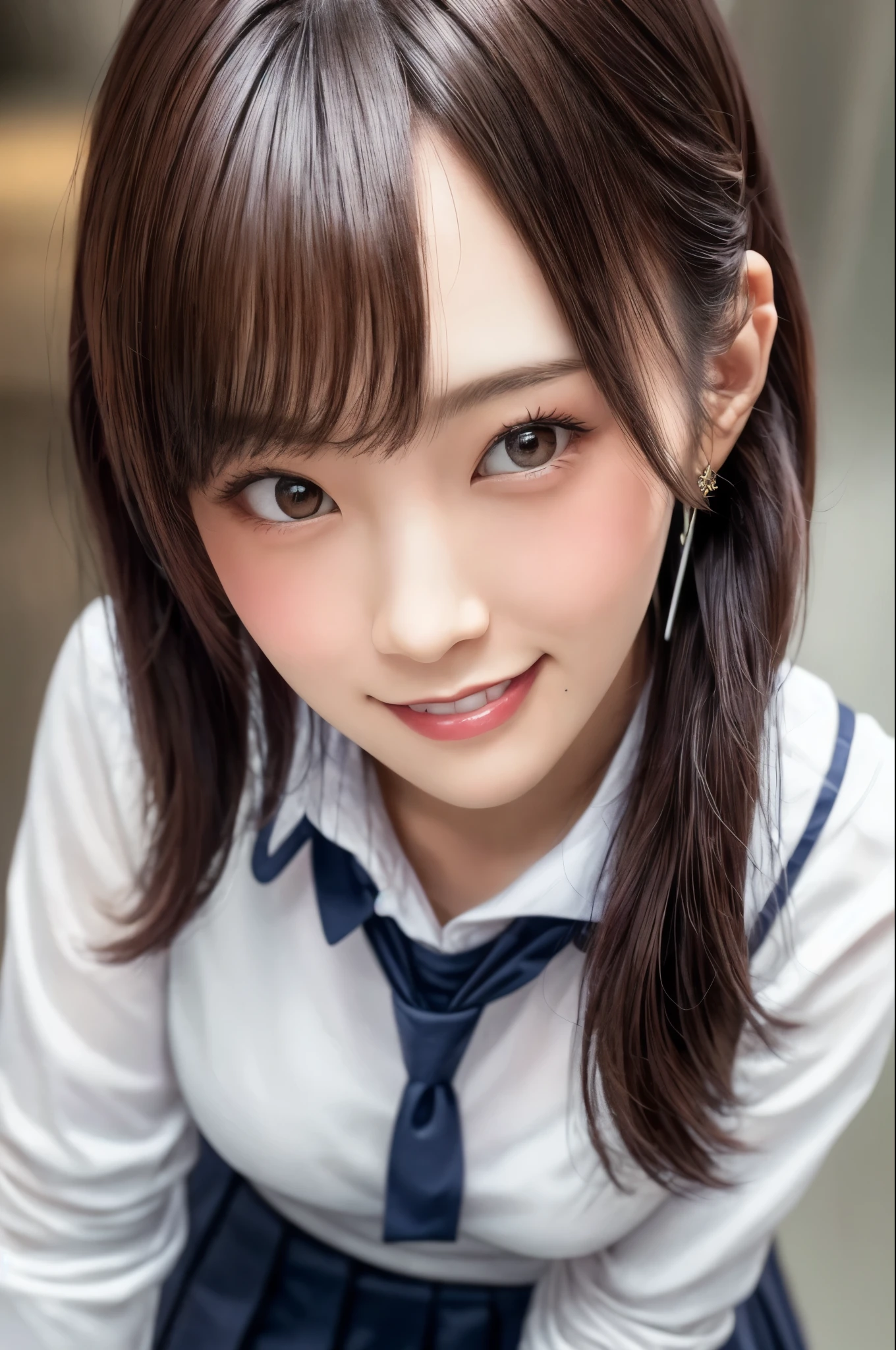 Jiuchuandef,Twin tails,Student Uniform,Black Sailor Suit,Long sleeve,skirt,Knee-high socks,jewelry,Earrings,Standing,
Best Quality, Very detailed, masterpiece, Absurd,8k,   photoRealistic, Realistic,Detailed skin texture,Detailed pupil,High resolution,Natural Light,
One girl,Alone,(happy:1.1),(smile:1.2),Short Hair,Brown Hair,(Angular face:1.2),Shining Face,Large Breasts, Small waist, Lip Makeup,