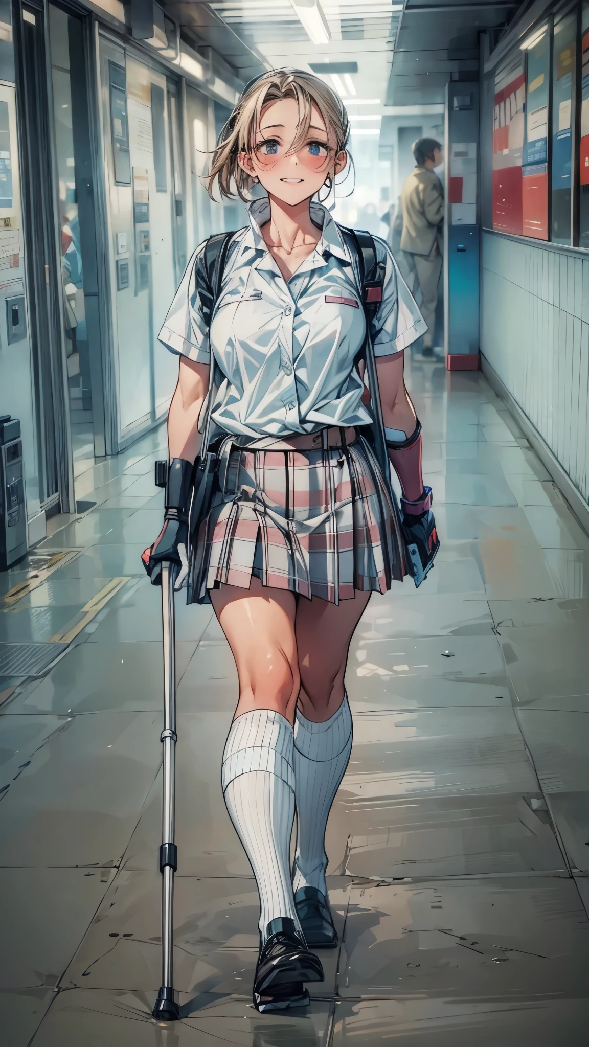 one disabled beautiful girl,1 girl,high school uniform,Beautiful girl with a broken leg and crutch,crutch, With a cane,medical, Carrying a walking stick, leg brace, Leg and thigh shots, Really great images, Leg shots,smile, Blushing, boots with leg brace,