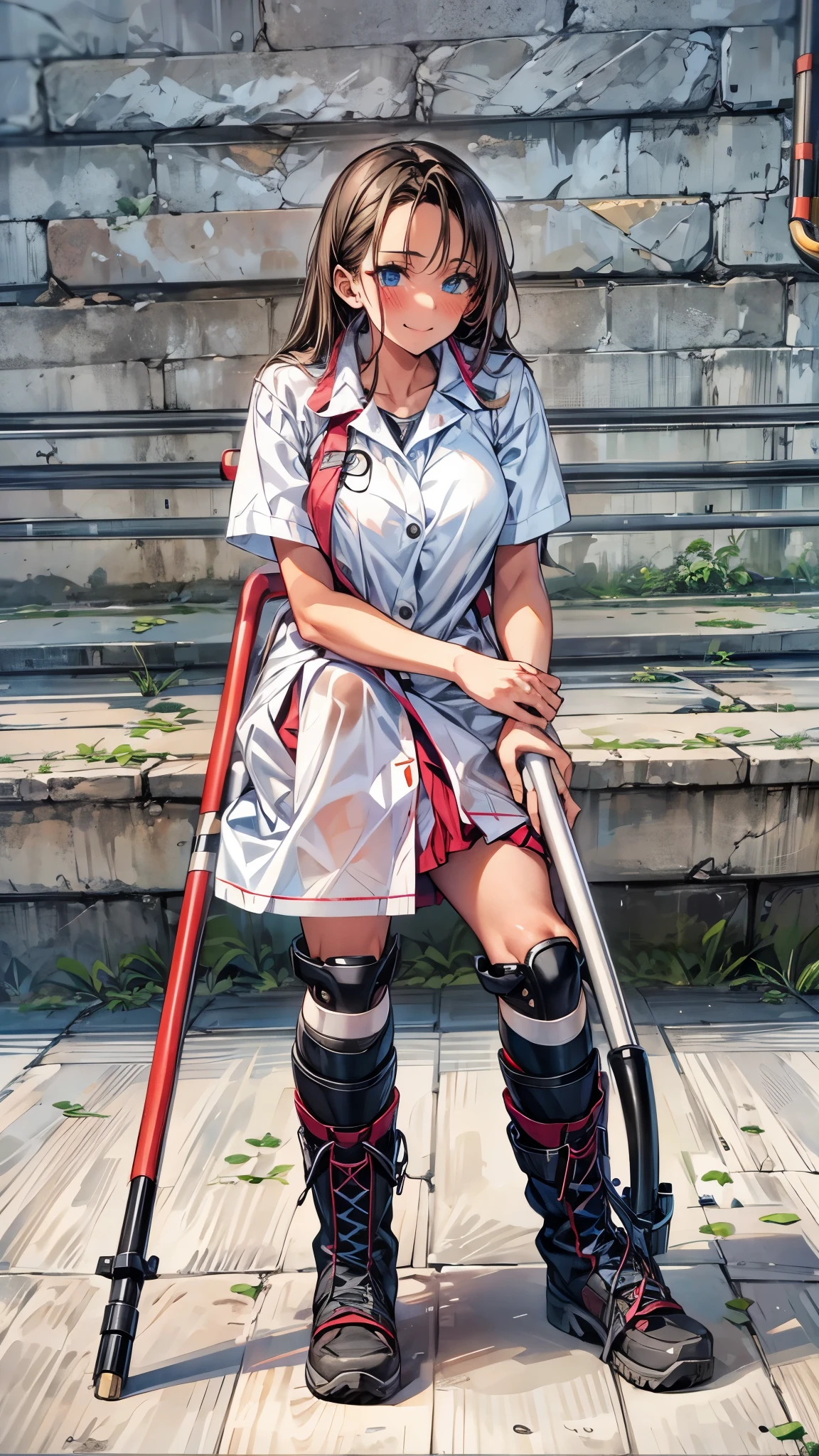 one disabled beautiful girl,1 girl,high school uniform,Beautiful girl with a broken leg and crutch,crutch, With a cane,medical, Carrying a walking stick, leg brace, Leg and thigh shots, Really great images, Leg shots,smile, Blushing, boots with leg brace,