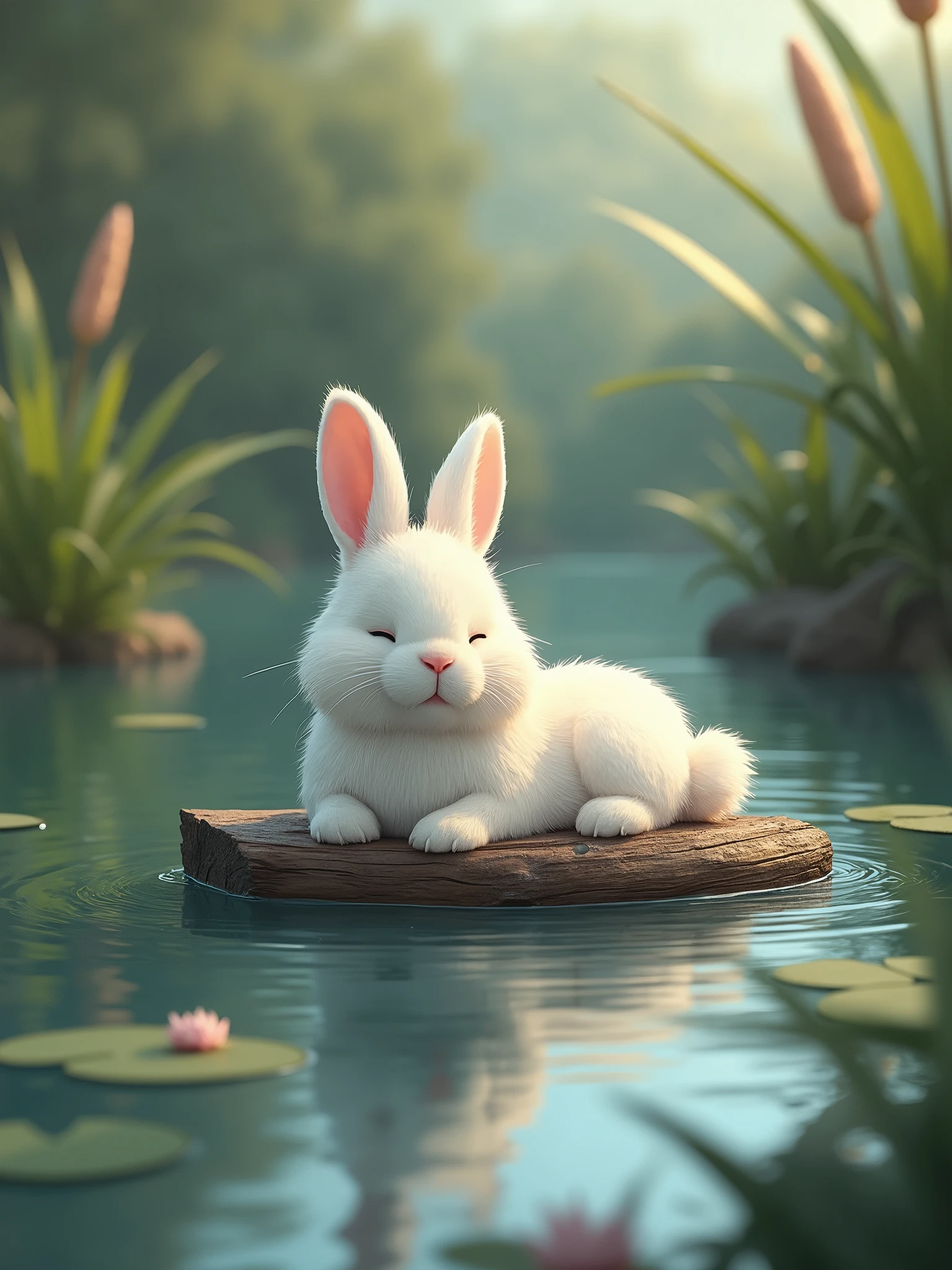 There is a white rabbit that is laying on a log in the water - SeaArt AI