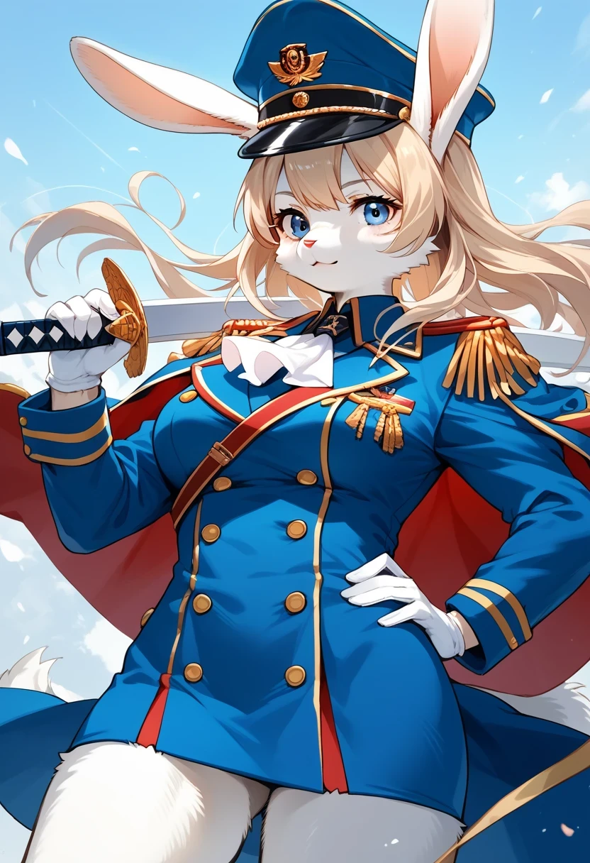 score_9, score_8_up, score_7_up, score_6_up, score_5_up, score_4_up, source_anime, source_furry, best quality, masterpiece, 1 female, (anthropomorphic rabbit, furry, kemono), (gloves: 1.1), (long_hair), (epaulettes), (solo), (hat), white_gloves, uniform, military, jacket, military_uniform, ascot, long sleeves, double-breasted, blue eyes, peaked cap, hand on hip, aiguillette, sidelocks, sword, buttons, blue jacket,