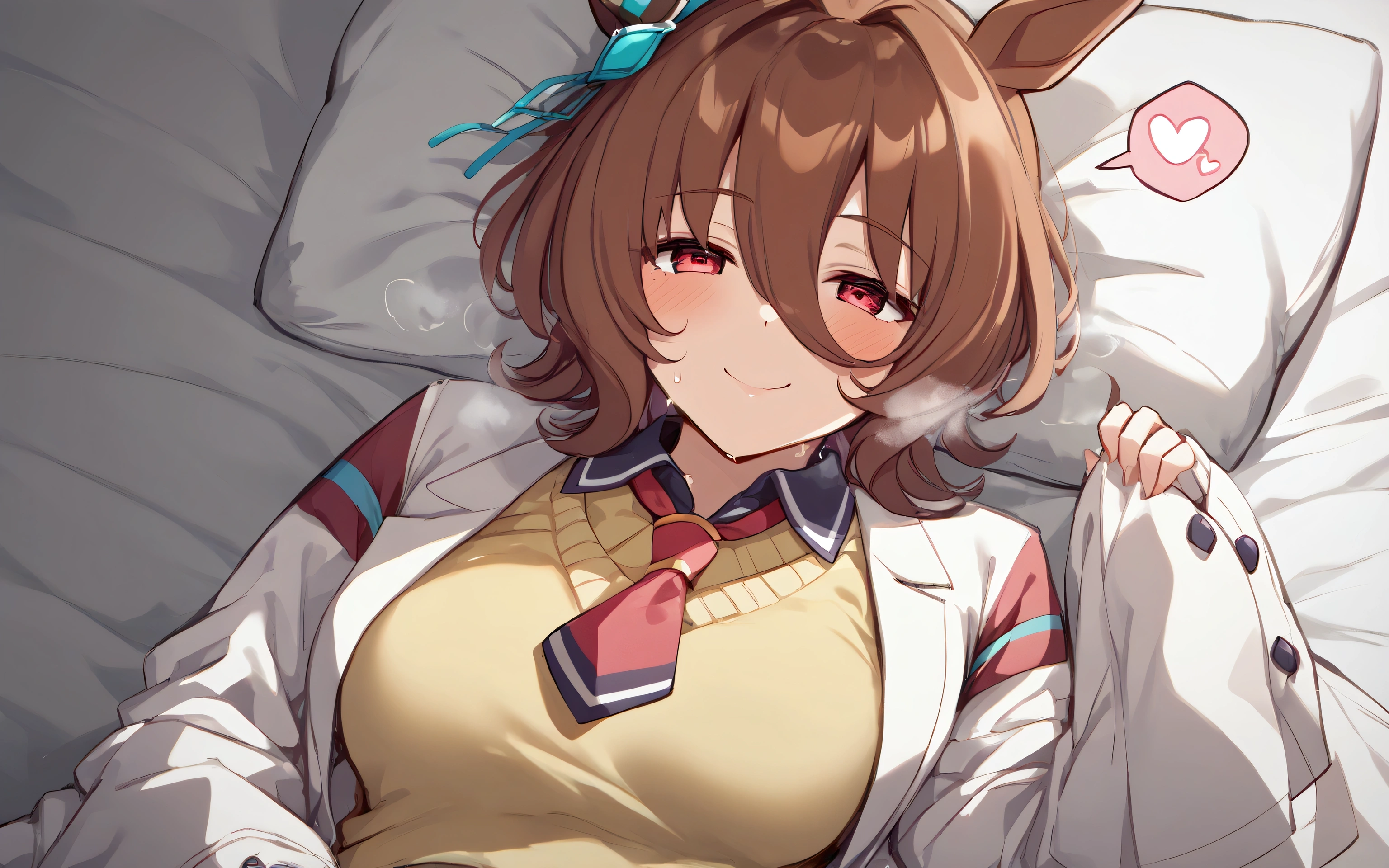 score_9, score_8_up, score_7_up, high quality, 8k, lying in bed, show off crotch, NSFW, vagina, creampie, 
agnes tachyon \(umamusume\), black brown hair, spoken heart, mature woman, inner flesh, 
, blush, smug, seductive smile, lab coat, tie, ((sleeves past fingers:1.1)), yellow sweater,, after orgasm,, breasts, sexually suggestive,(in heat:1.4),(heavy breathing:1.3),(Steaming body:1.4),(looking at viewer:1.4), (steam), (sweat)
