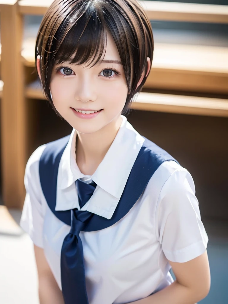 a beautiful woman, 20 years old, smiling brightly, extremely pale and glowing skin, ultimate beauty, (super short hair:1.75), silky straight hair, long bangs between the eyes, incredibly beautiful bright eyes, extremely large eyes, cheek gloss highlighter, (Hinatazaka46 school uniform:1.25), (best quality,4k,8k,highres,masterpiece:1.2),ultra-detailed,(realistic,photorealistic,photo-realistic:1.37),studio lighting,vivid colors,bokeh